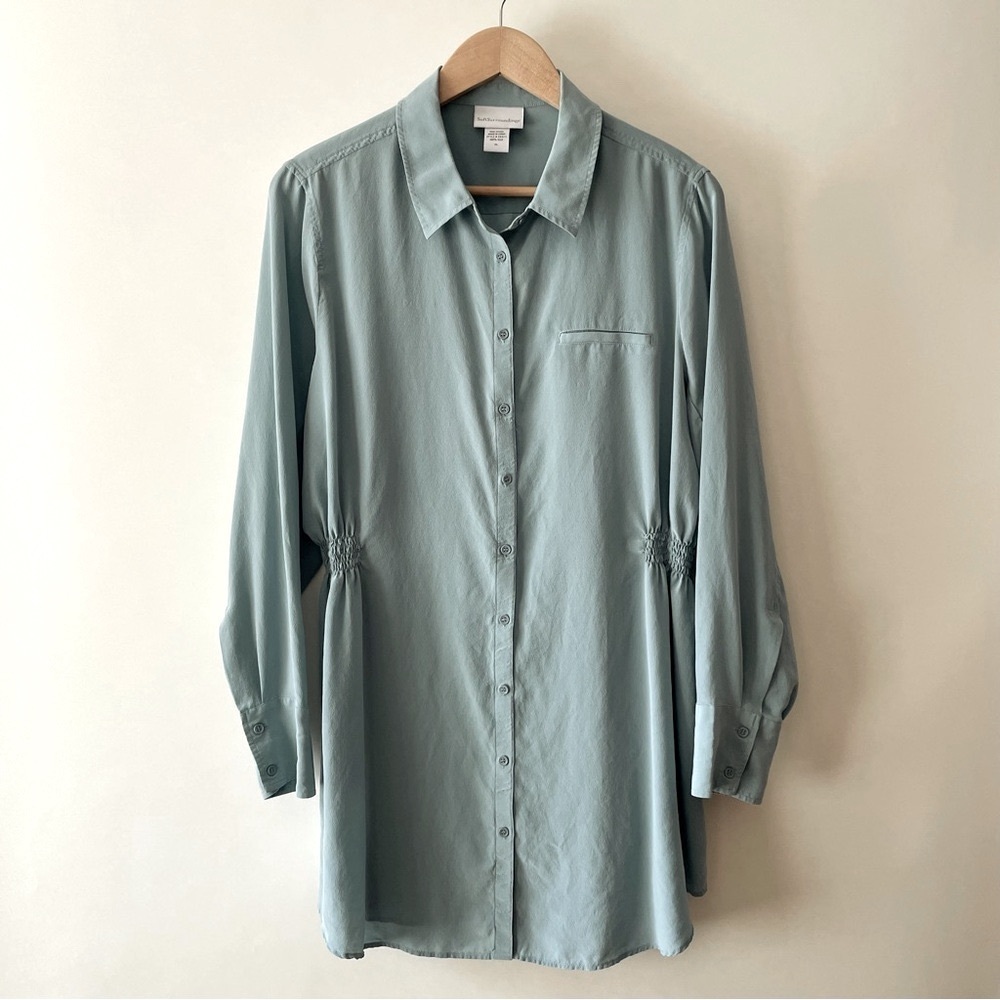 Soft Surroundings Soft Teal Silk Blouse Collared Button Down Cinch Waist Size XL